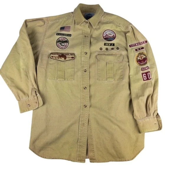 Vintage 90s Scouting Shirt Women Medium Tan Embroidered Patches Safari Utility - Picture 1 of 9